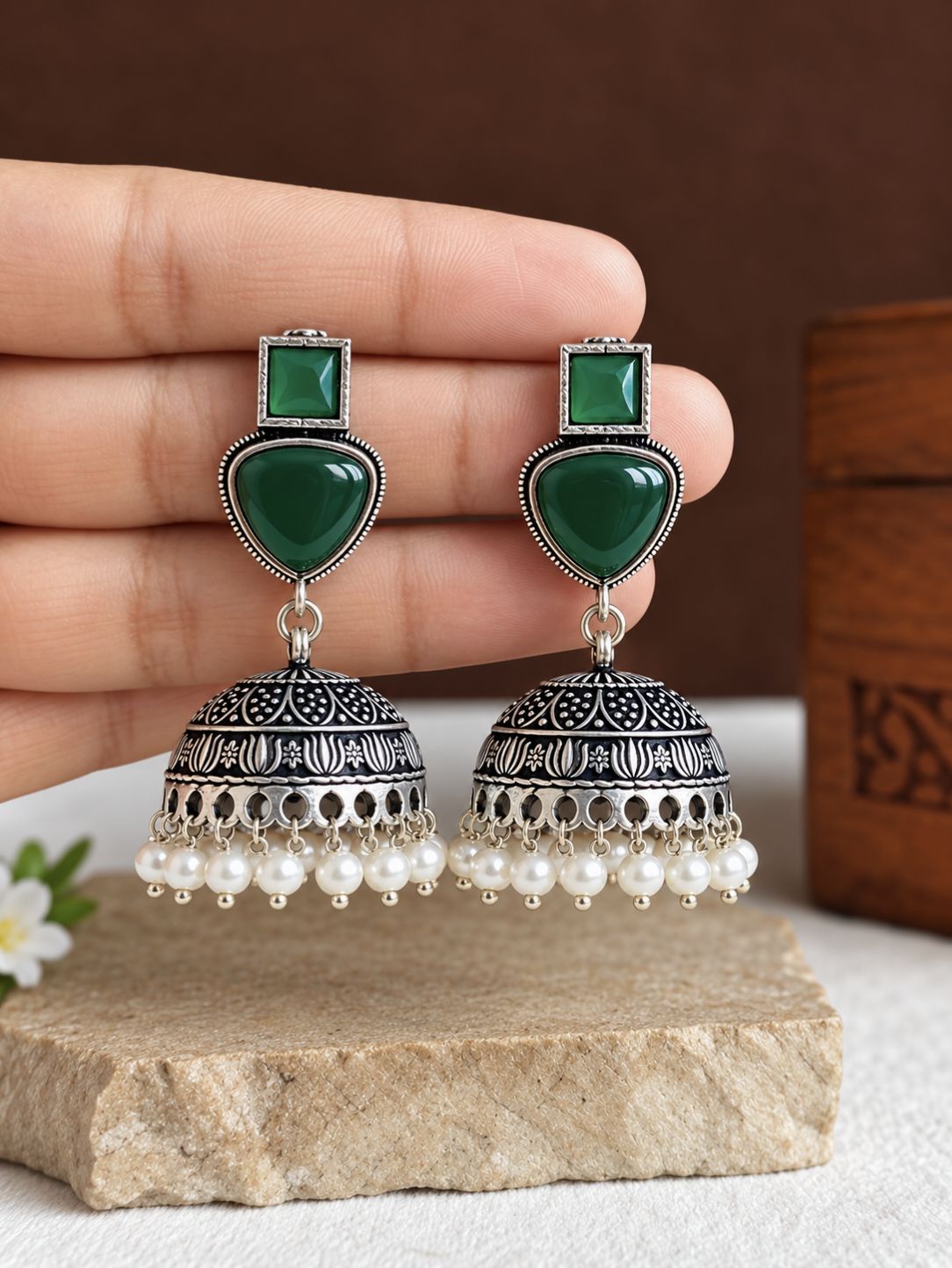 Oxidised Jhumka Earrings 10841JHGRN