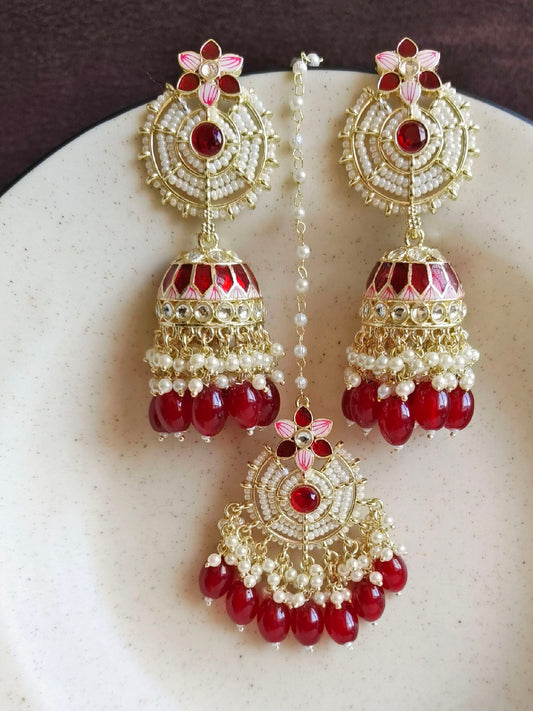 5170GDJHMRN Jhumka Earring With Maang Tika