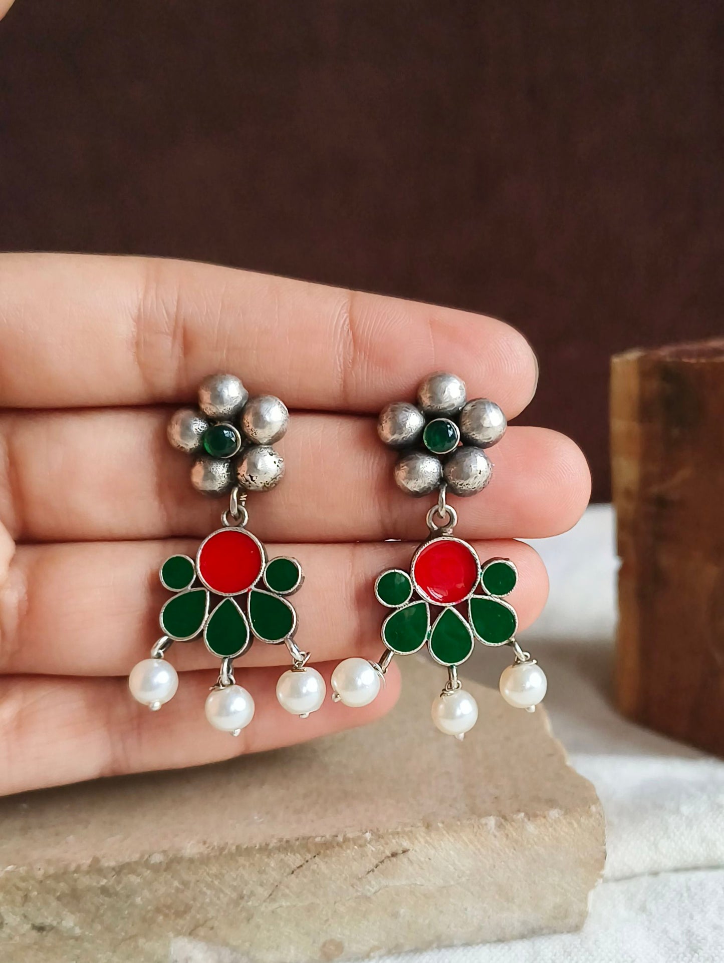 Enamel Earrings 21793MXEMREDGRN (Stock Clearance)