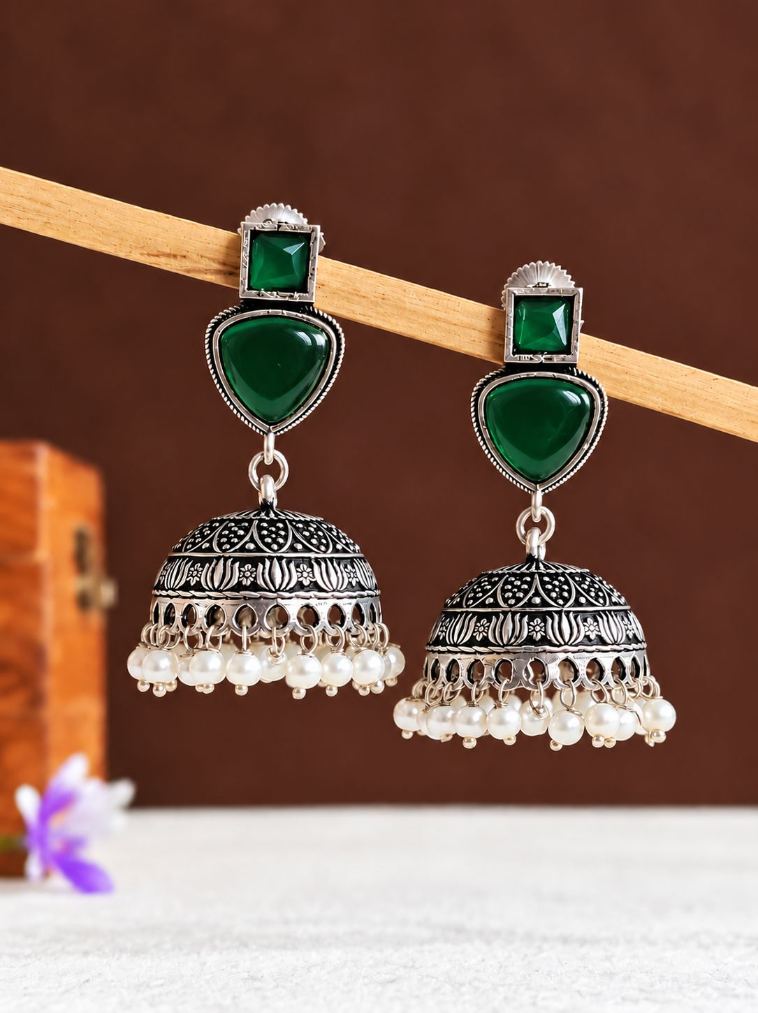 Oxidised Jhumka Earrings 10841JHGRN