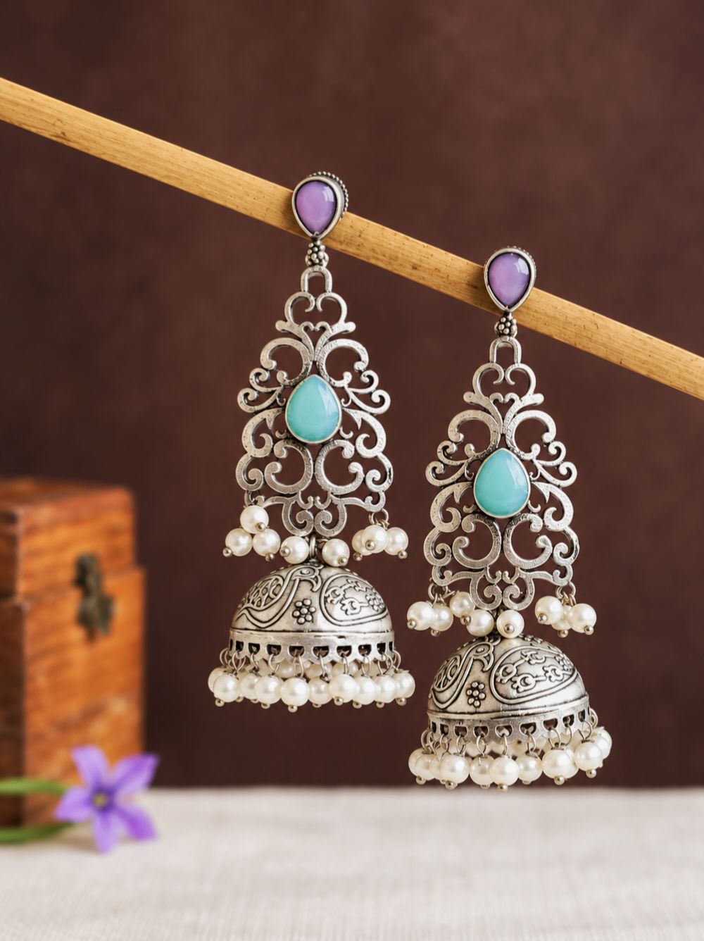 Oxidised Jhumka Earrings 10842JHMBLPNK