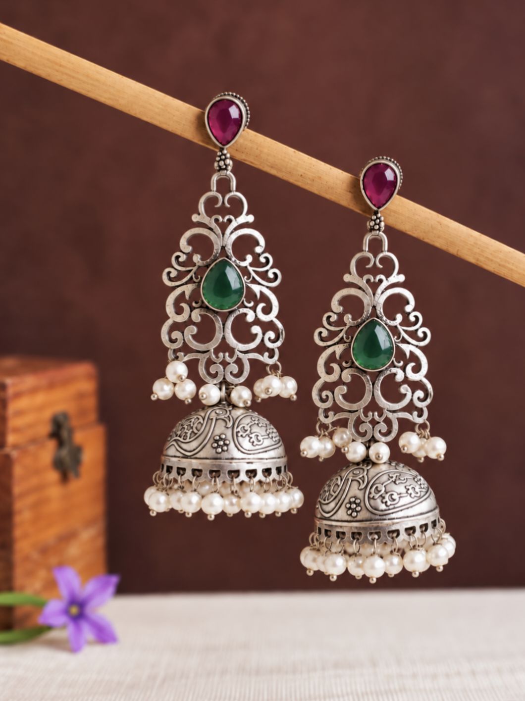 Oxidised Jhumka Earrings 10842JHREDGRN