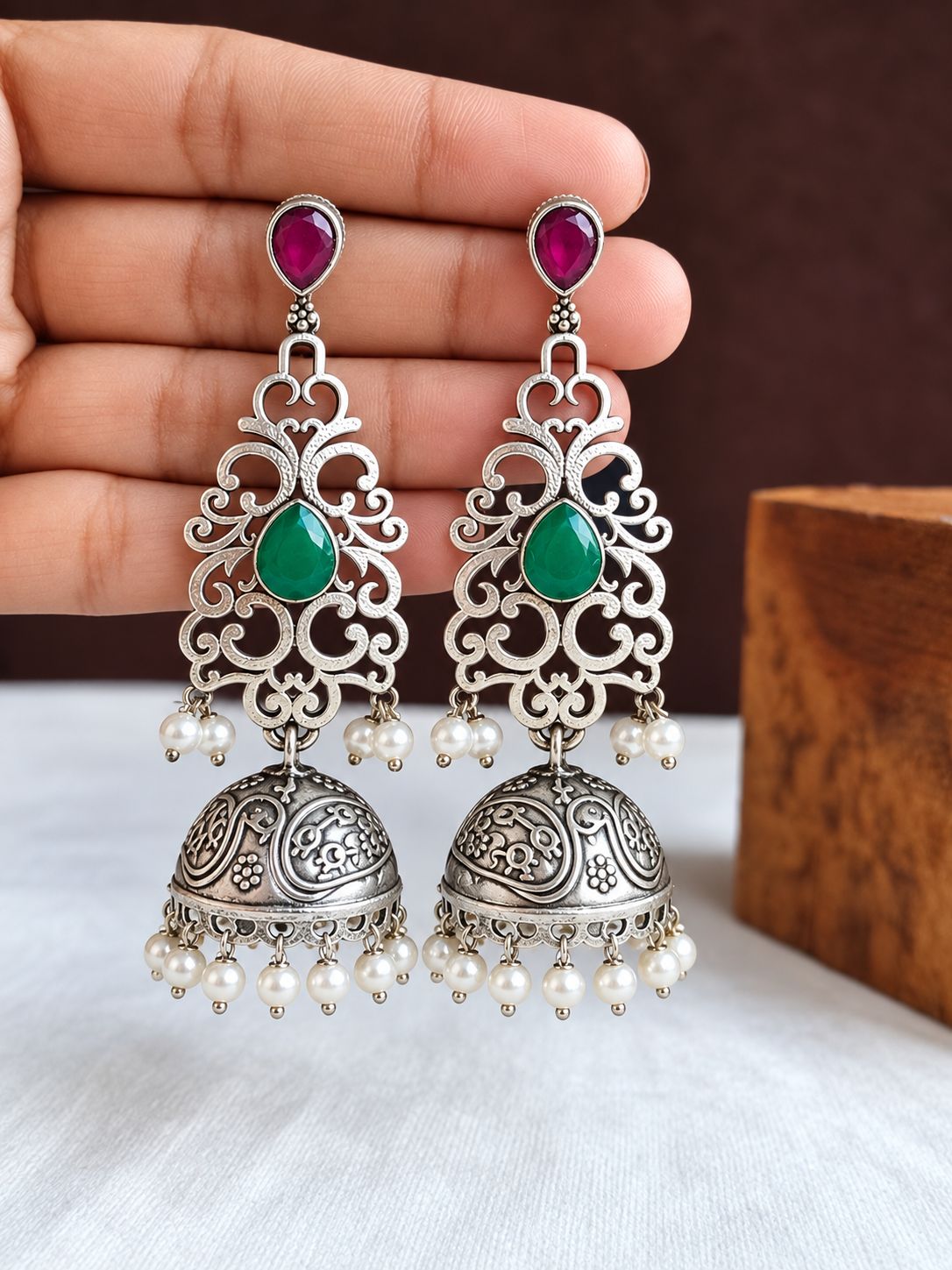 Oxidised Jhumka Earrings 10842JHREDGRN