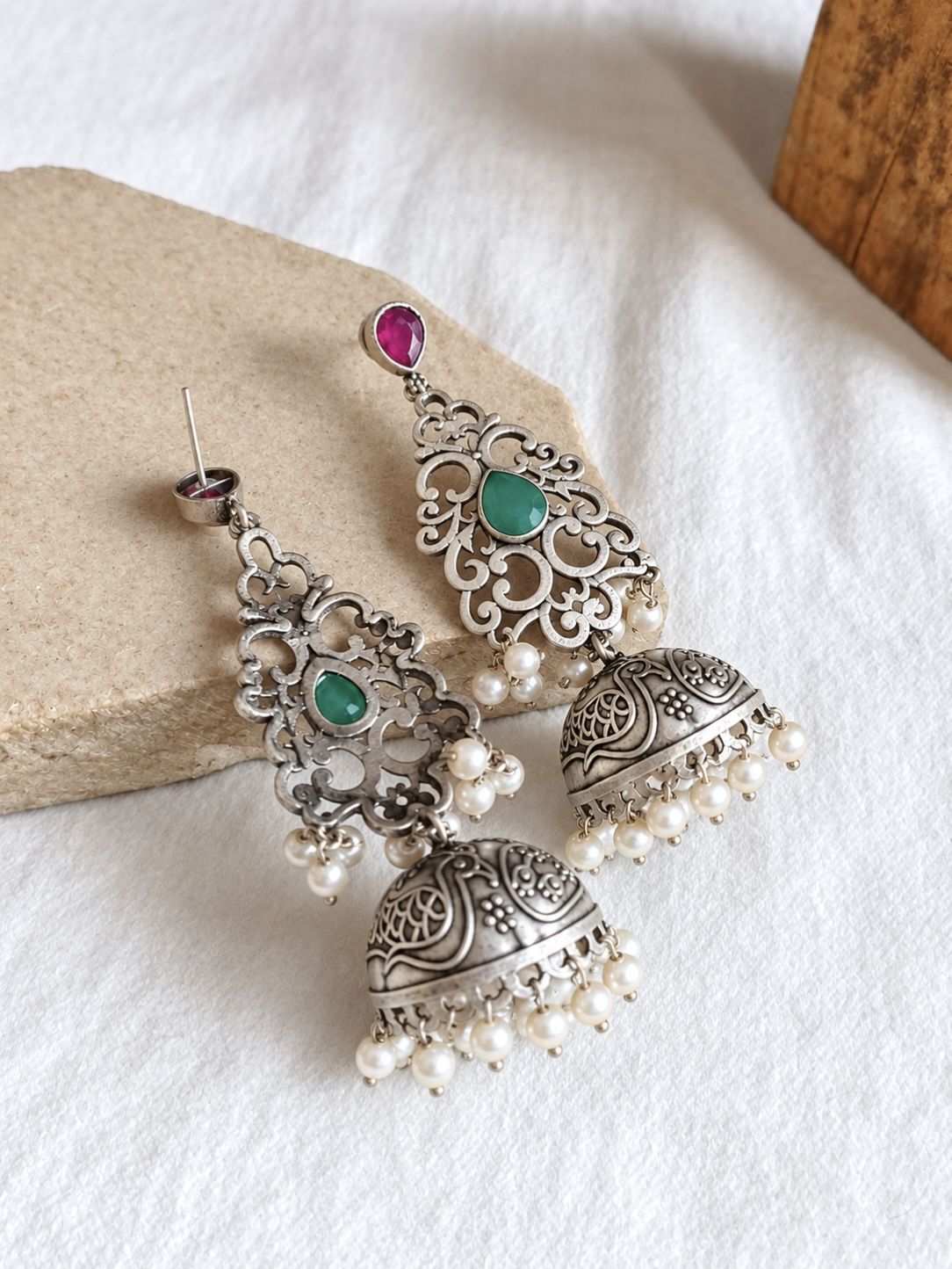Oxidised Jhumka Earrings 10842JHREDGRN
