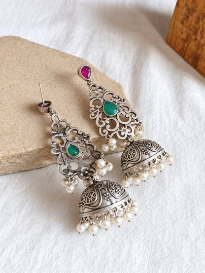 Oxidised Jhumka Earrings 10842JHREDGRN