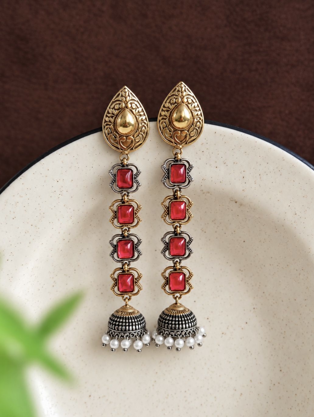 Dual Tone Jhumka Earrings 10844DTJHRED