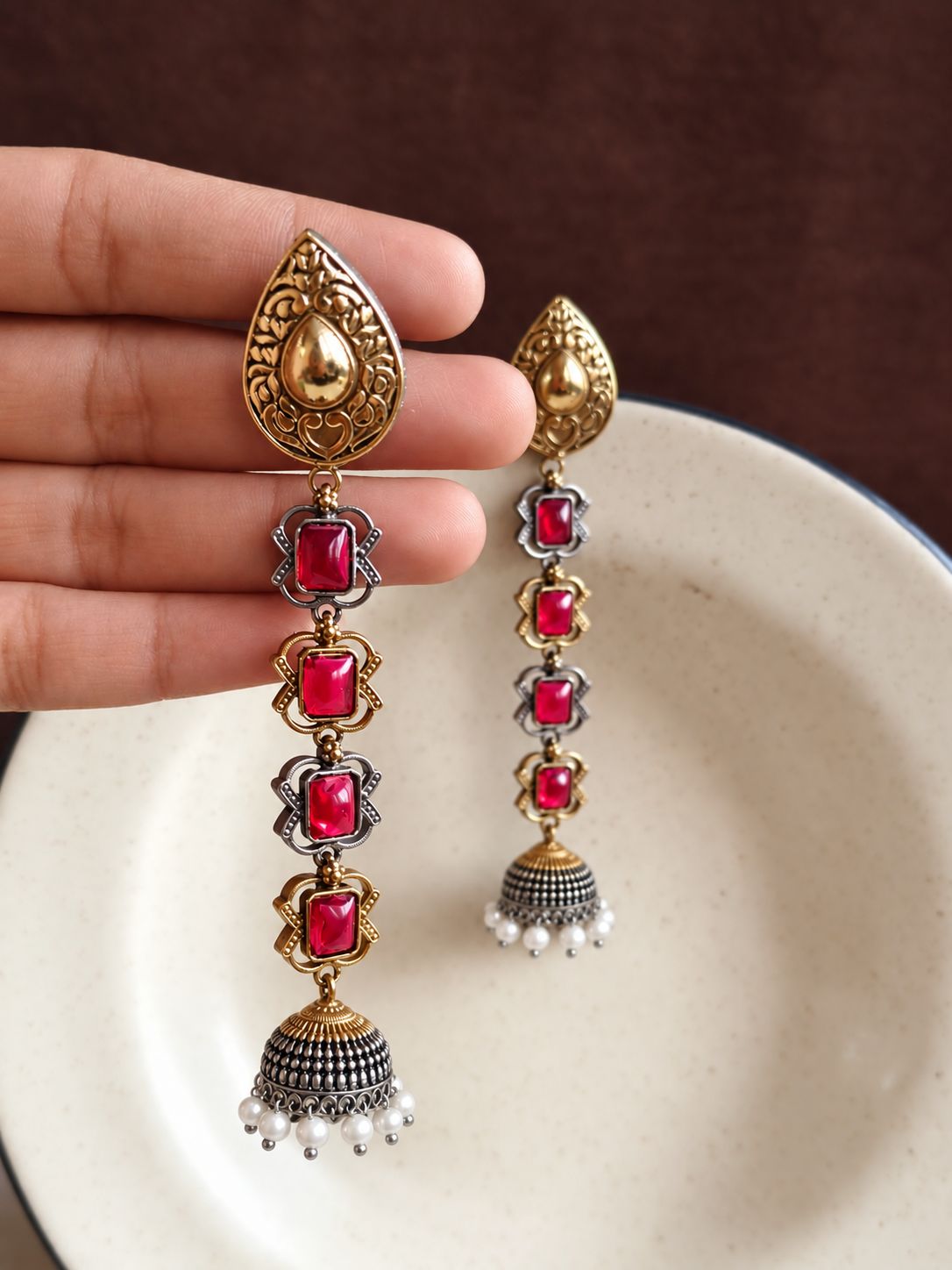 Dual Tone Jhumka Earrings 10844DTJHRED