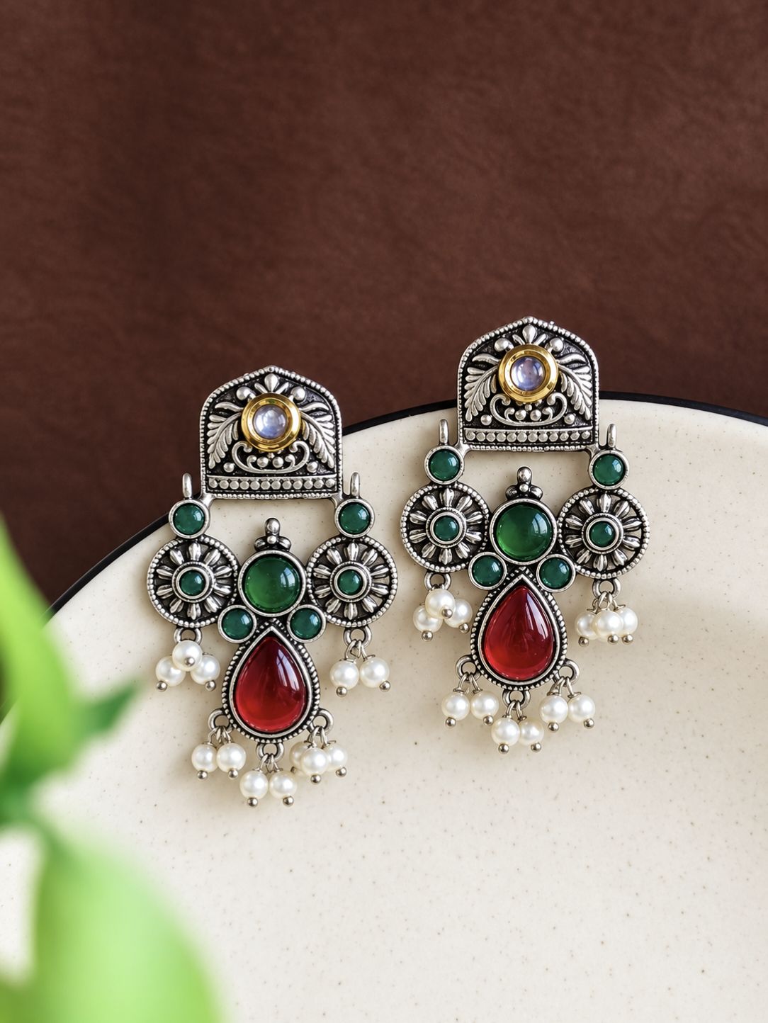 Oxidised Earrings 10845DTDLREDGRN