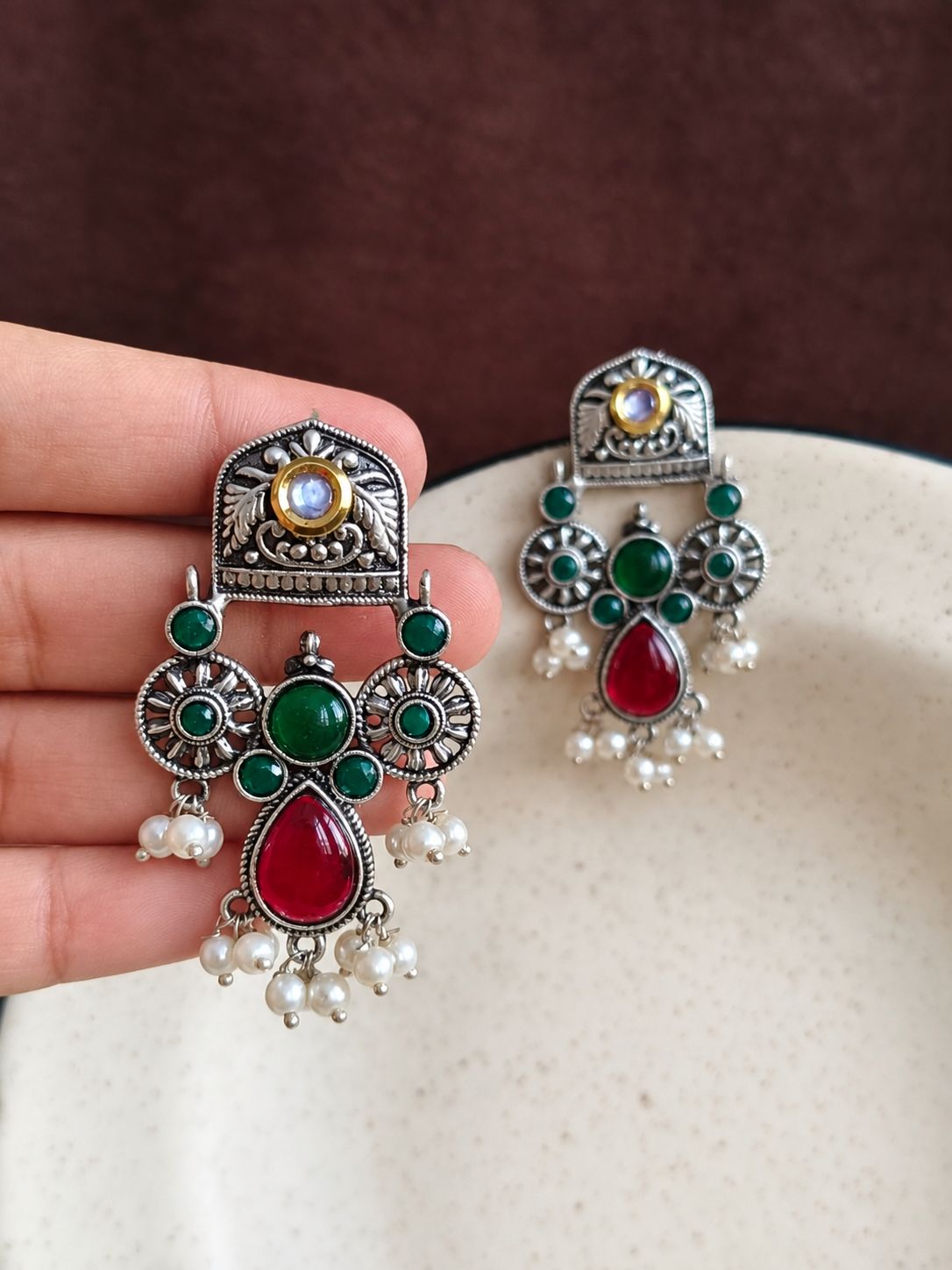 Oxidised Earrings 10845DTDLREDGRN