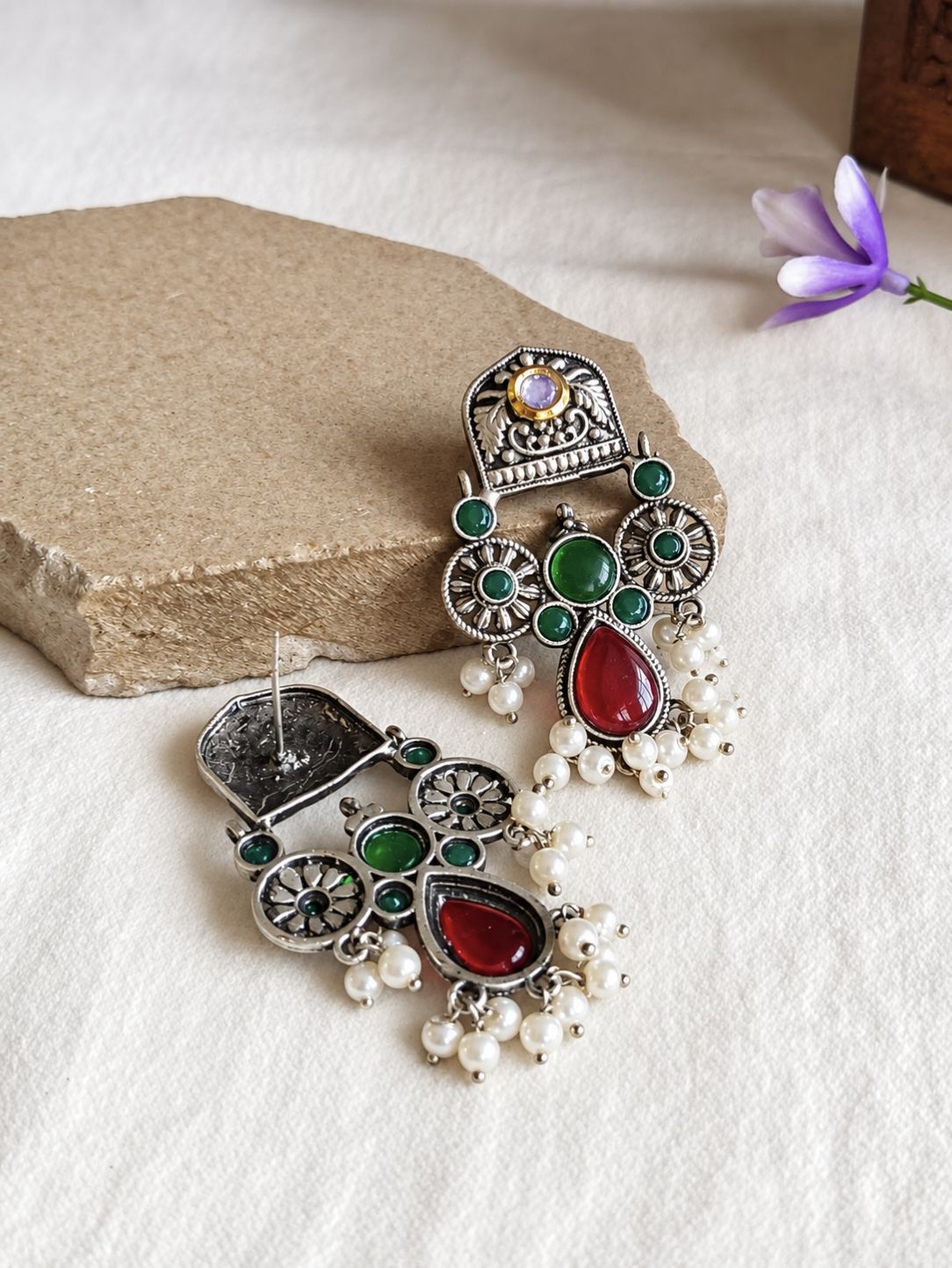 Oxidised Earrings 10845DTDLREDGRN